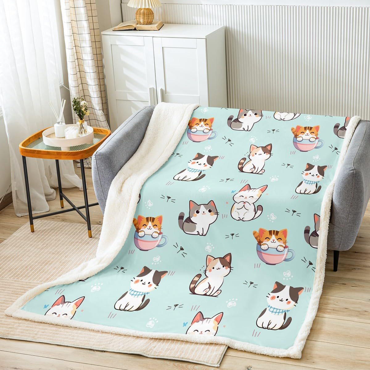 Feelyou Cartoon Cat Sherpa Blanket for Kids Kitten Cat Plush Blanket for Bed Sofa Couch Pet Cats Fleece Throw Blanket Animal Fuzzy Blanket Queen 90"x90"