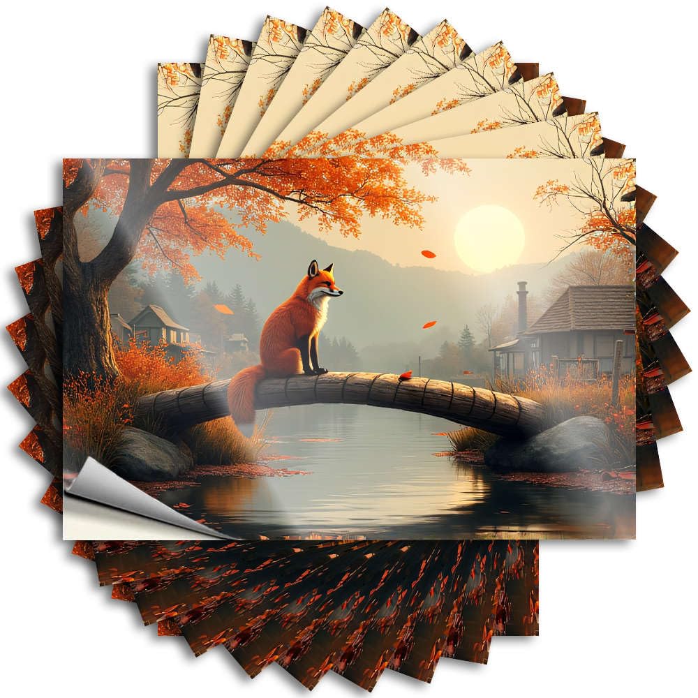 Fzfn Colour Stuff For Your Room Laptop Sticker - A Fox Sits On A Wooden Bridge In An Autumn Landscape. Funky Durable Sticker Easy Apply For Fall Decor(12X18cm)