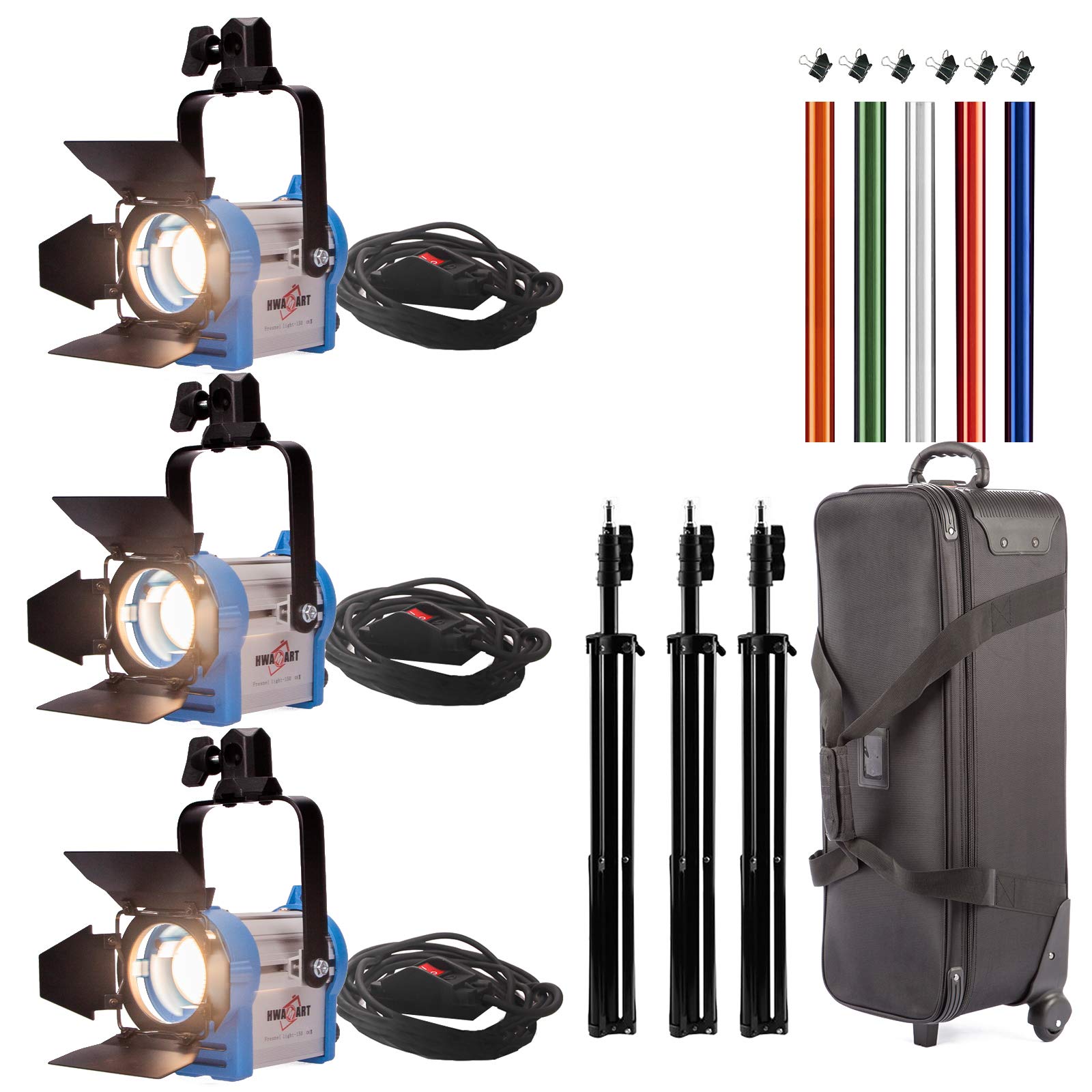 Juego de iluminación para estudio fotográfico, mandarín Fresnel, foco de tungsteno, 300 W, regulador de intensidad, interruptor de luz, lámpara halógena, bolsa de trípode, filtro de gelatina y