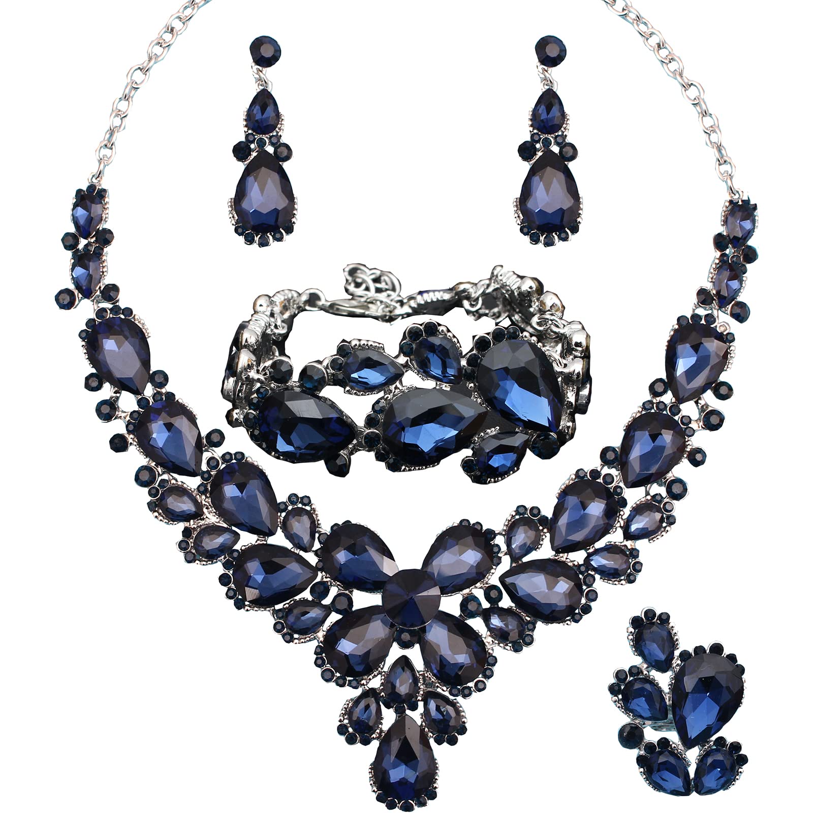 QYJ Women's Wedding Bridal Austrian Crystal Glass Teardrop Statement Necklace Dangle Earrings Bracelet Ring Wedding Party Jewelry Set for Bridal