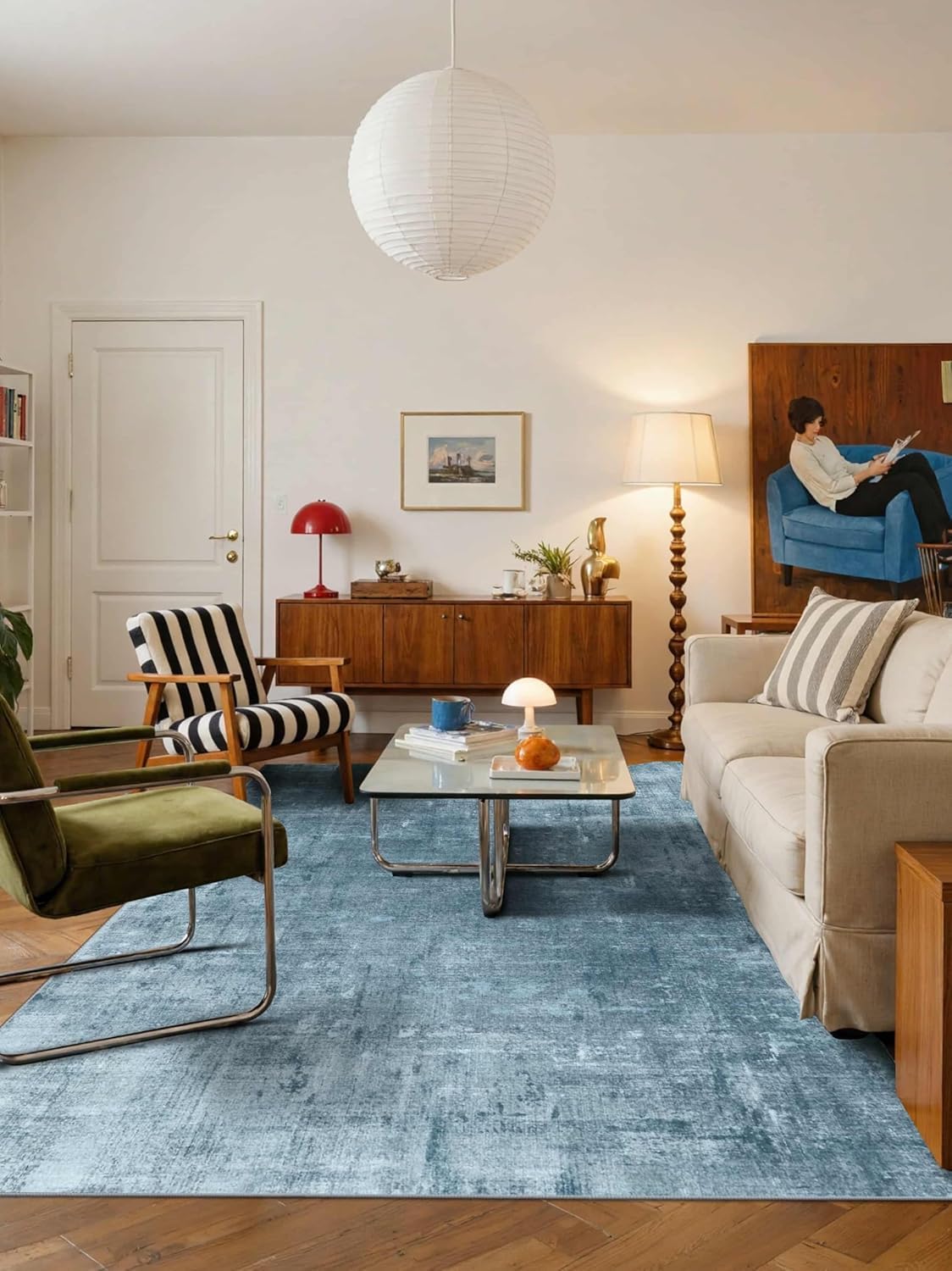 Tapis de cuisine lavable et antidérapant bleu moderne 120x160cm