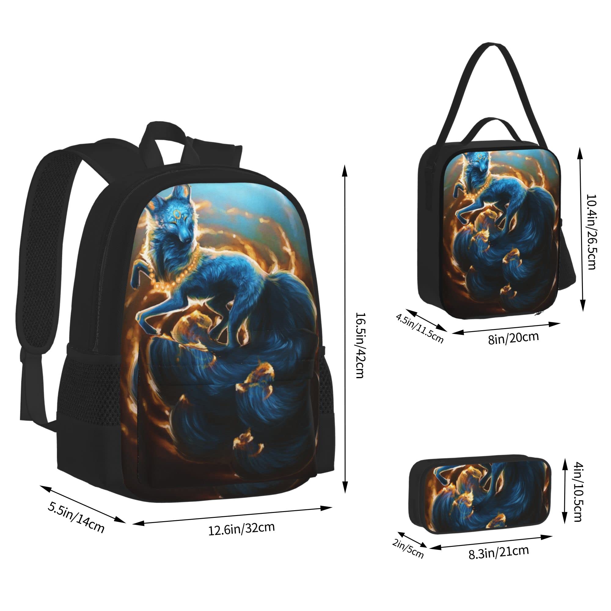 Ensembles de sac à dos scolaire 3 pièces Teens Studentss (créature mythique kitsune renard) Cartable + Sac à lunch + Trousse à crayons Mignon Sackpack College Work Gym Randonnée Pêche Sac d'ordinate