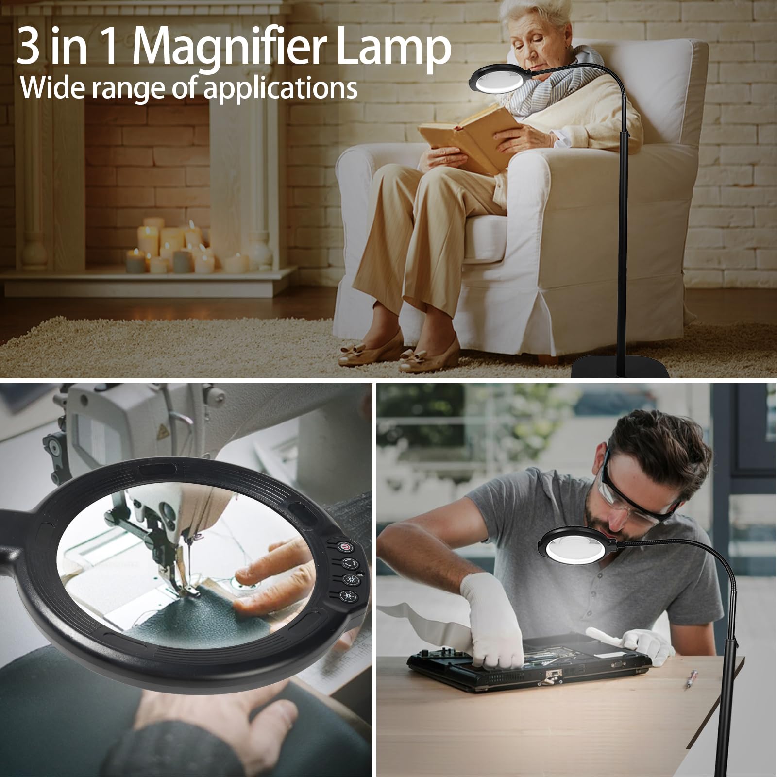 GABORISH 10 lupas de pie con luz y soporte, 3 en 1 con 54 LED, cuello de cisne flexible con abrazadera, 5 modos de color, intensidad regulable, lupa de lectura con luz para personas mayores, grande