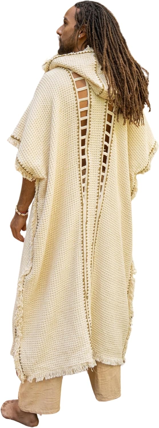 AJJAYA MAGOS WIZARD Long Mens Hooded Kimono Ivory Beige Tribal Ritual Ceremony Gypsy Magic Ritual Primitive Rave Boho