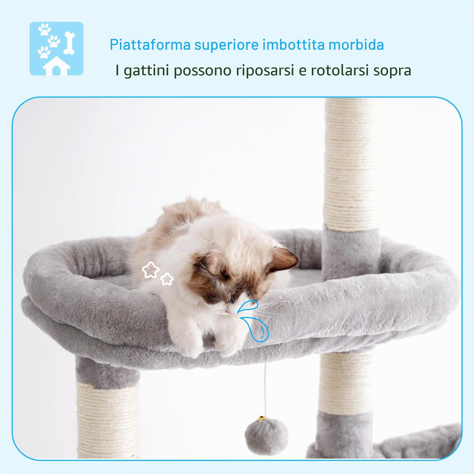 Hey-brother Albero tiragraffi regolabile in altezza, 250-280 cm, che raggiunge il soffitto, torre per gatti di grandi dimensioni, con grotta, grigio chiaro 0MPJ091W