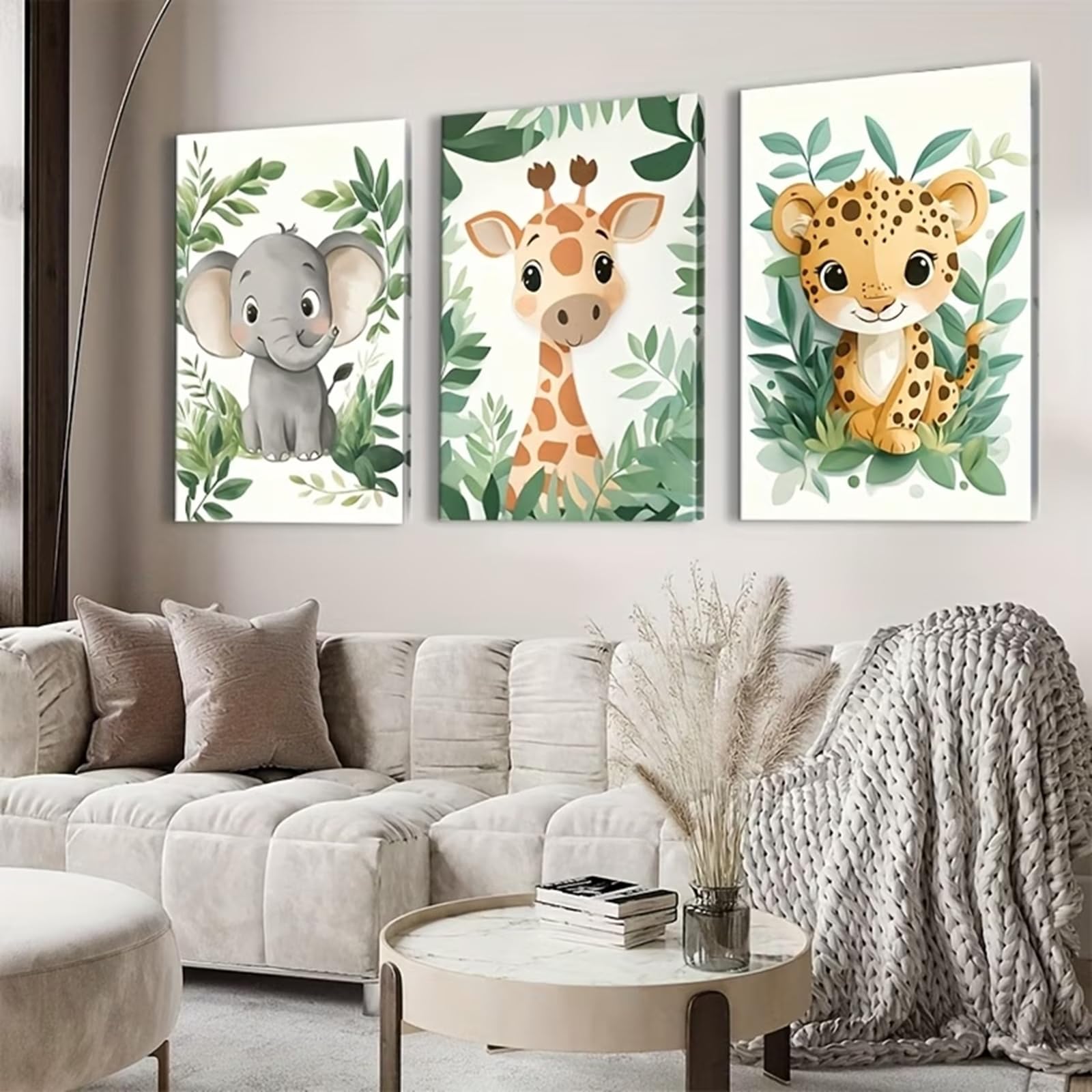ZBELLO Set of 3 Posters, Jungle Animals Lion, Giraffe, Elephant Canvas Posters for Children’S Bedrooms,Modern Aesthetic Wall Decor for Boys’ and Babies’ Rooms, Unframed (21x30cm)