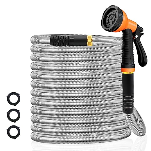 Besiter Garden Hose 100FT Stainless Steel Water Hose with 10 Functions Adjustable Spray Nozzle, Heavy-Duty Metal Garden Hose Flexible Durable No-Tangle & Kink Leak Dog Proof Hose for Yard Lawn