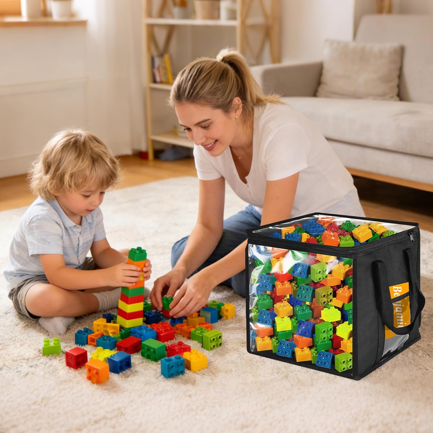 4 Pack Clear PVC Storage Bins with Handles - 12" x 12" Cube Storage Bins Foldable Transparent Storage Box, PVC Organizer Boxes for Clothes, Toys and Stuffed Animal Storage (Black)