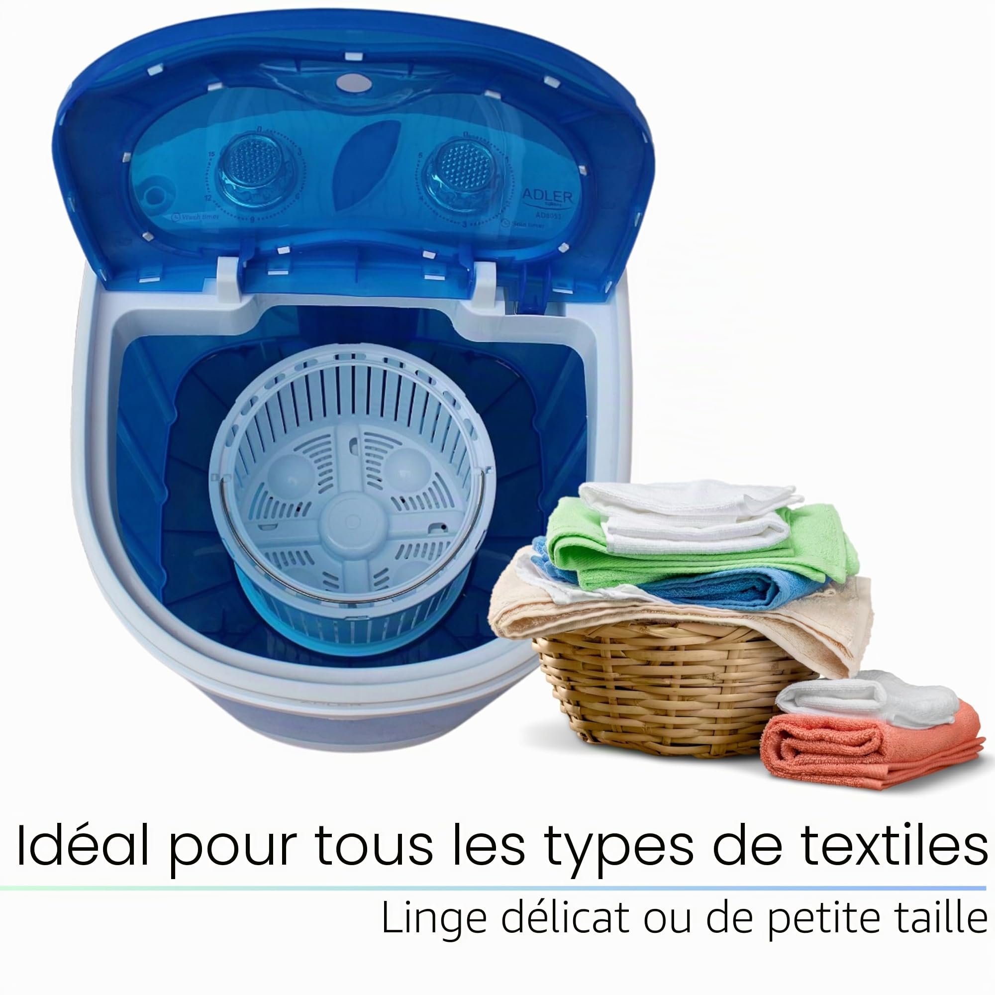 Steinborg Mini machine à laver avec essoreuse - 3 kg - 2 compartiments - Essorage jusqu'à 1 kg - Lavage et séchage - Camping mobile - Efficace et économique en énergie et en eau - Bleu Bulle/Blanc