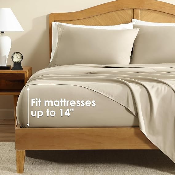 ClevaHome Queen Size Sheets, 4-Piece Fitted Queen Sheets, Sandy Beige