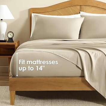 ClevaHome Queen Size Sheets, 4-Piece Fitted Queen Sheets, Sandy Beige
