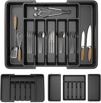 Kitchen Cutlery Drawer Organiser, 33-57CM Adjustable Cutlery Tray, Expandable Utensil Tray and Flatware Holder, Compact PP Storage Insert for Spoons Forks Knives, 8 Compartment, Black