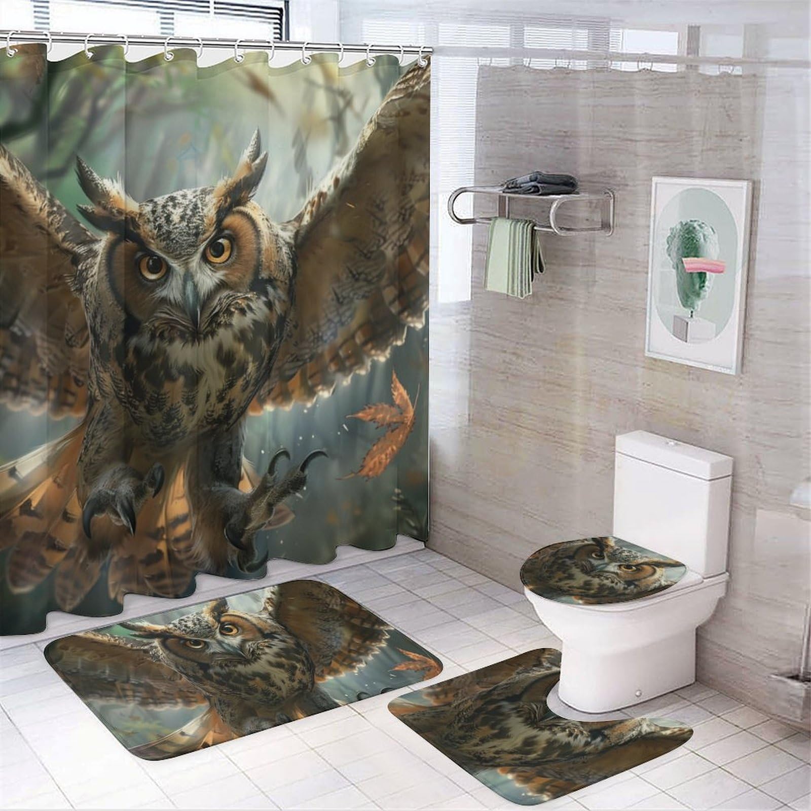 Shower Curtain Set 4 Pcs, Bathroom Sets with Shower Curtain and Rugs and Toilet Lid Cover - owl