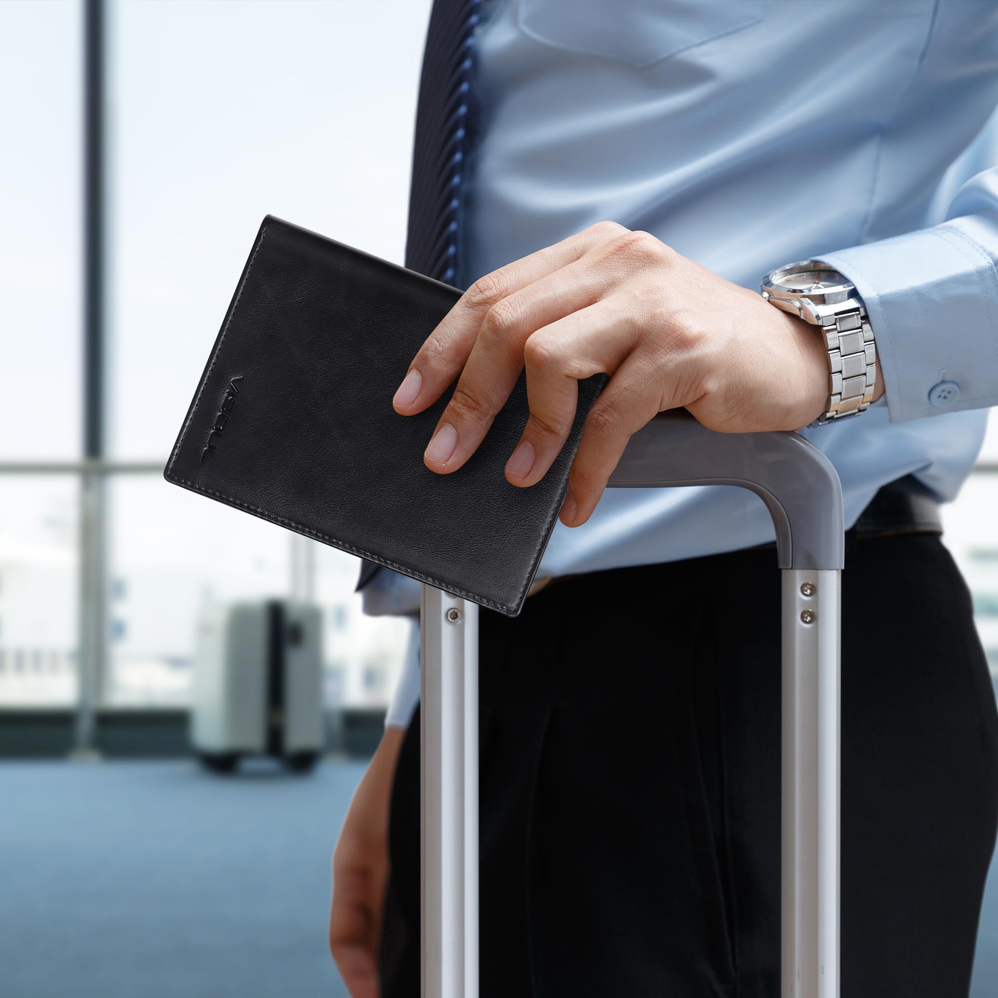 VISOUL Custodia per Passaporto in Vera Pelle con Blocco RFID, Portafoglio da Viaggio con Porta Carte per Uomo e Donna-Nero