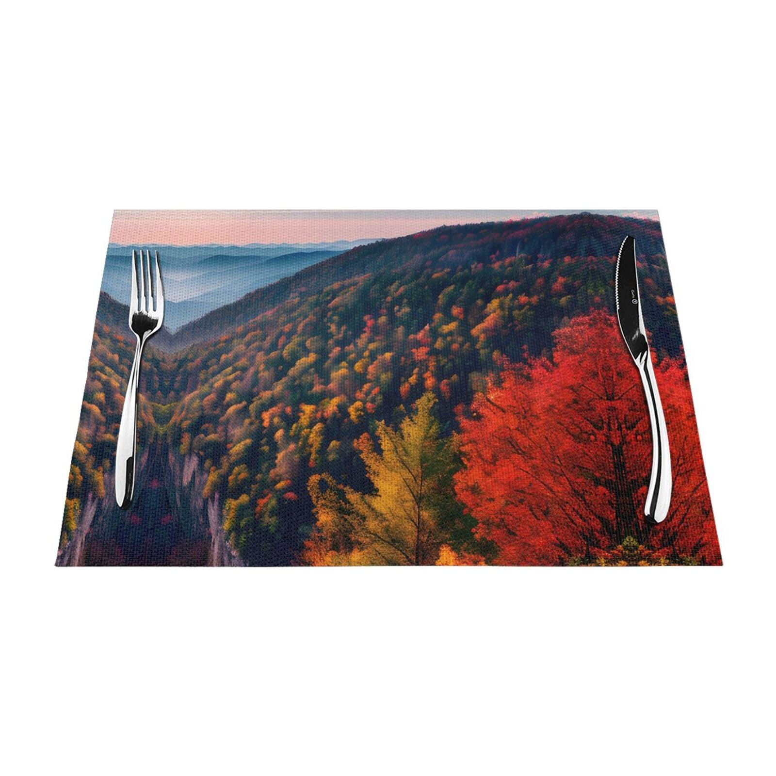 Placemats Set of 6,Table Mats Washable Placemat Decoration, Smokey Mountain Cliff Print