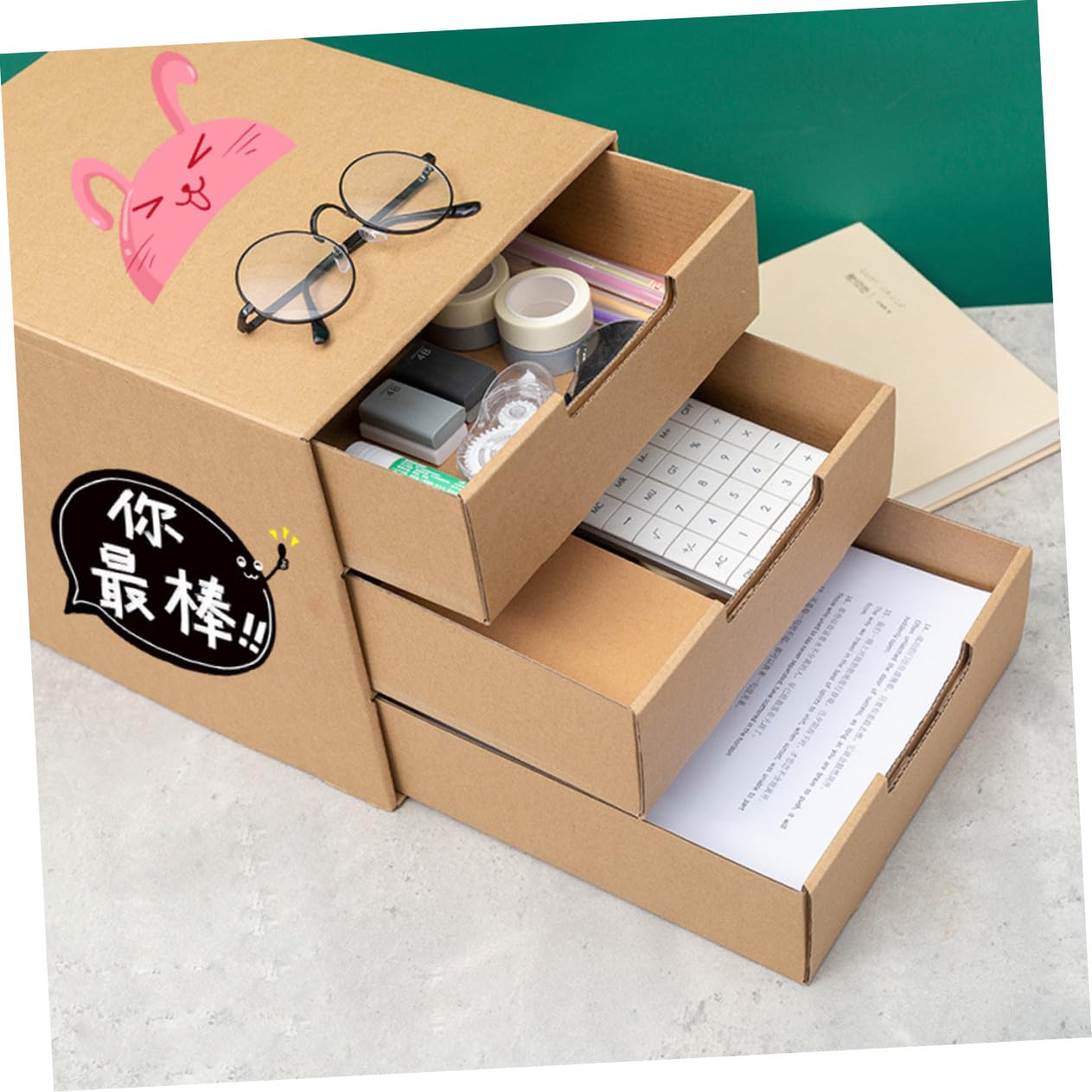 Gatuida Organizador de Papelería Cajones Deslizantes de Papel Beige para Escritorio, Caja de Almacenamiento Multifuncional para Oficina y Escritorio