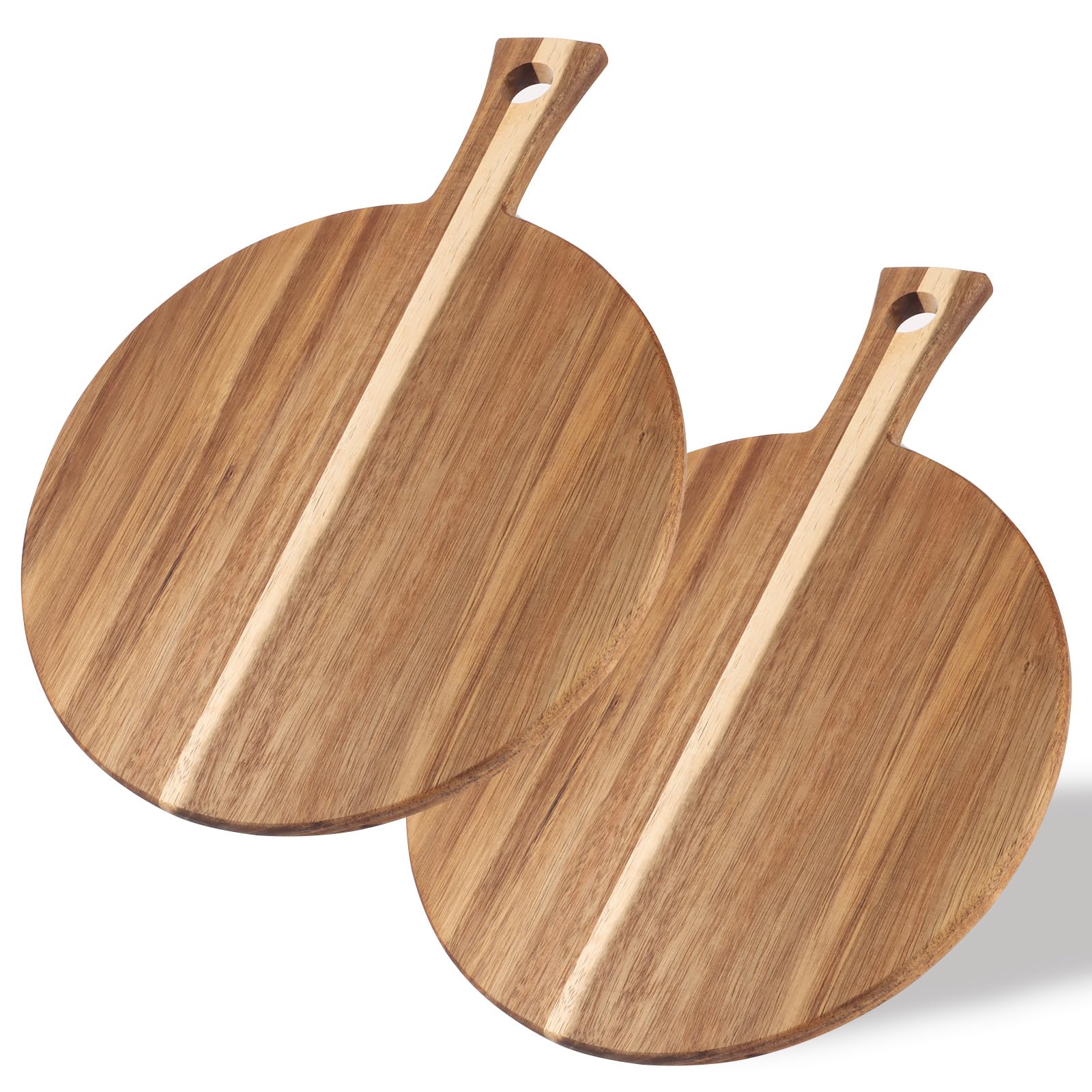 Tabla de cortar de madera de acacia con asa, juego de 2 tablas de cortar 30 x 40,5 cm, estante redondo de madera para servir y estante de cocina de madera para pan queso verduras