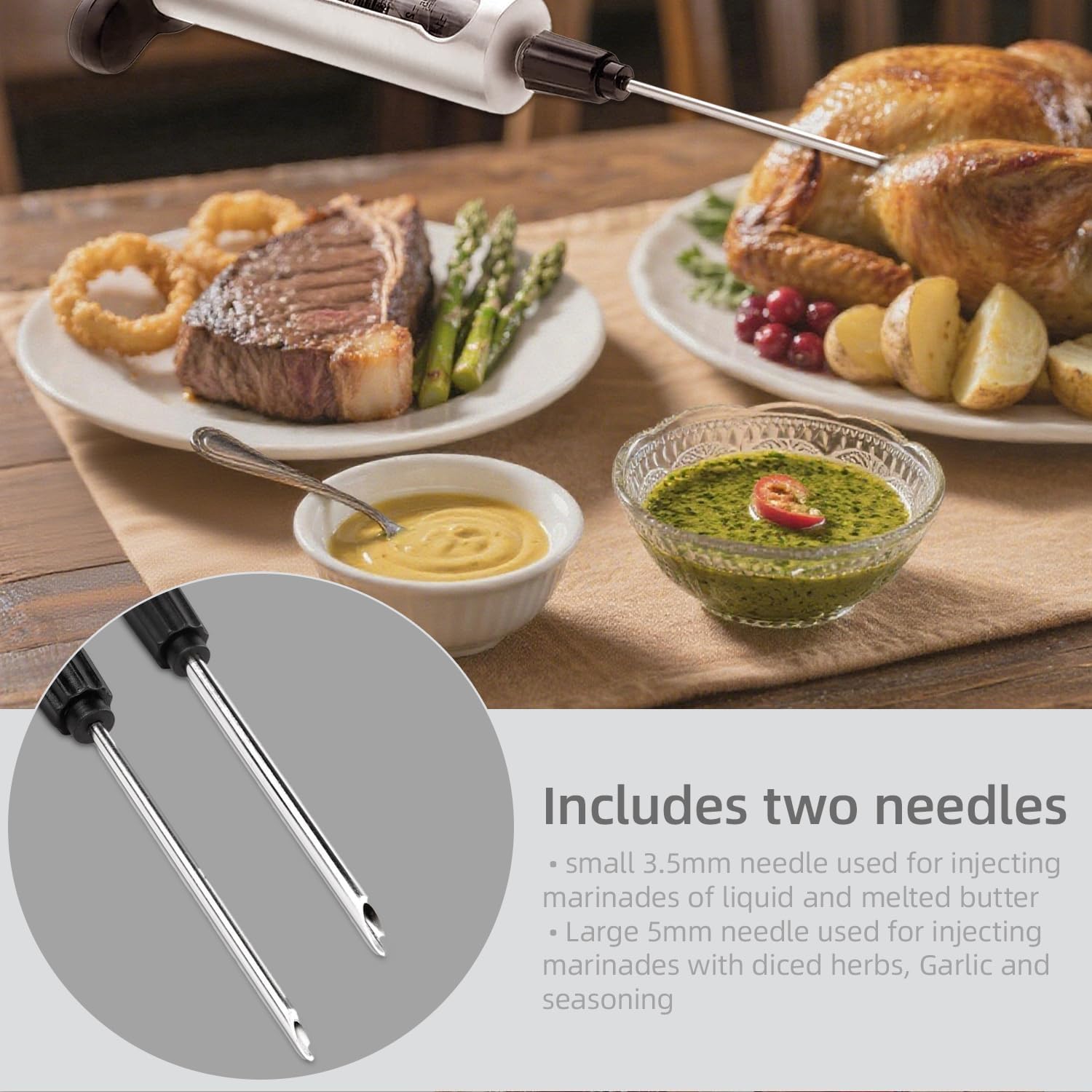 Kitchen Meat Injector, Leak-Proof Stainless Steel Flavor Marinade Syringe with 2 Different Needles and 1.5-oz Measurement Window,Perfect for Smoking, Frying, and Brining Meat for Deep Seasoning(MI-01) - Image 3