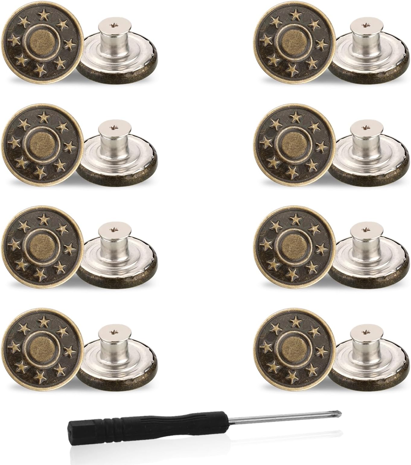 Amaxiu Jeans Buttons Replacement, 8PCS Instant No Sew Buttons for Pants Removable Metal Pant Buttons Tightener Adjustable Button Replacement Kit with Threads Rivets and Screwdriver (17mm)
