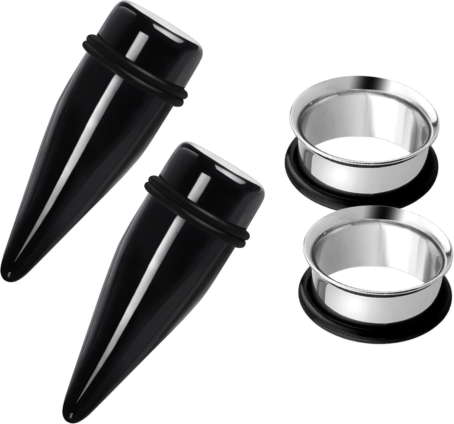 2 Pairs Black Acrylic Ear Tapers and 316L Stainless Steel Tunnels Plugs Gauges Ear Stretching Kit