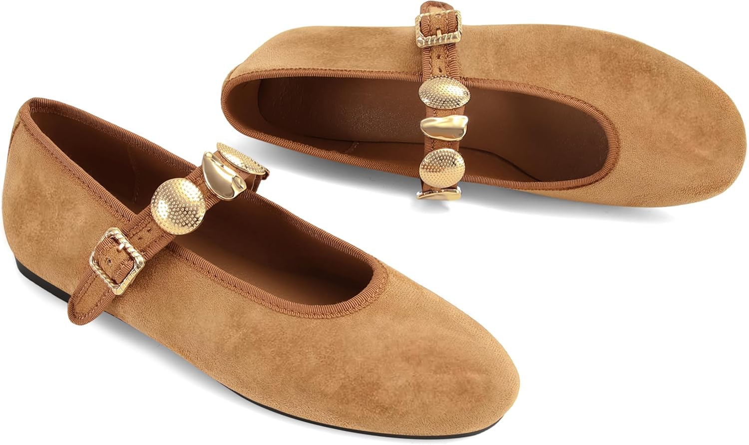 DOEYG Studded Ballet Flats Shoes for Women Round Toe Mary Jane Flats Buckle Strap Dressy Comfortable Casual Ballerina Shoes