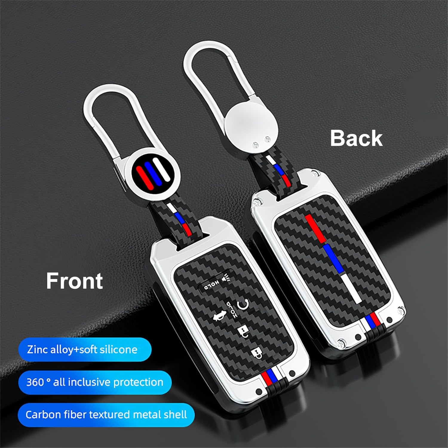 Heavy Metal Key Fob Cover, Compatible with Honda Accord Civic CRV Pilot Odyssey Passport 2015-2021,etc, Zinc Alloy Fob Case with Carbon Fiber Pattern, Silver (1 PCS)