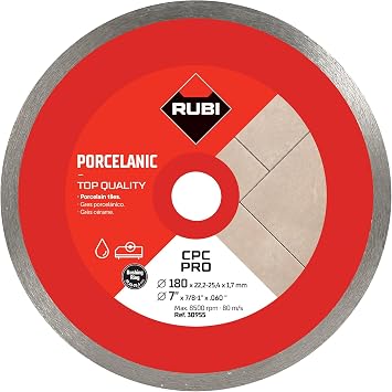 RUBI | Diamond Blade to Cut Fine Porcelain Tiles with Thicknesses of Less Than 25 mm | Recommended for Mitre Cutting | 180 mm | CPC 180 PRO, Grey