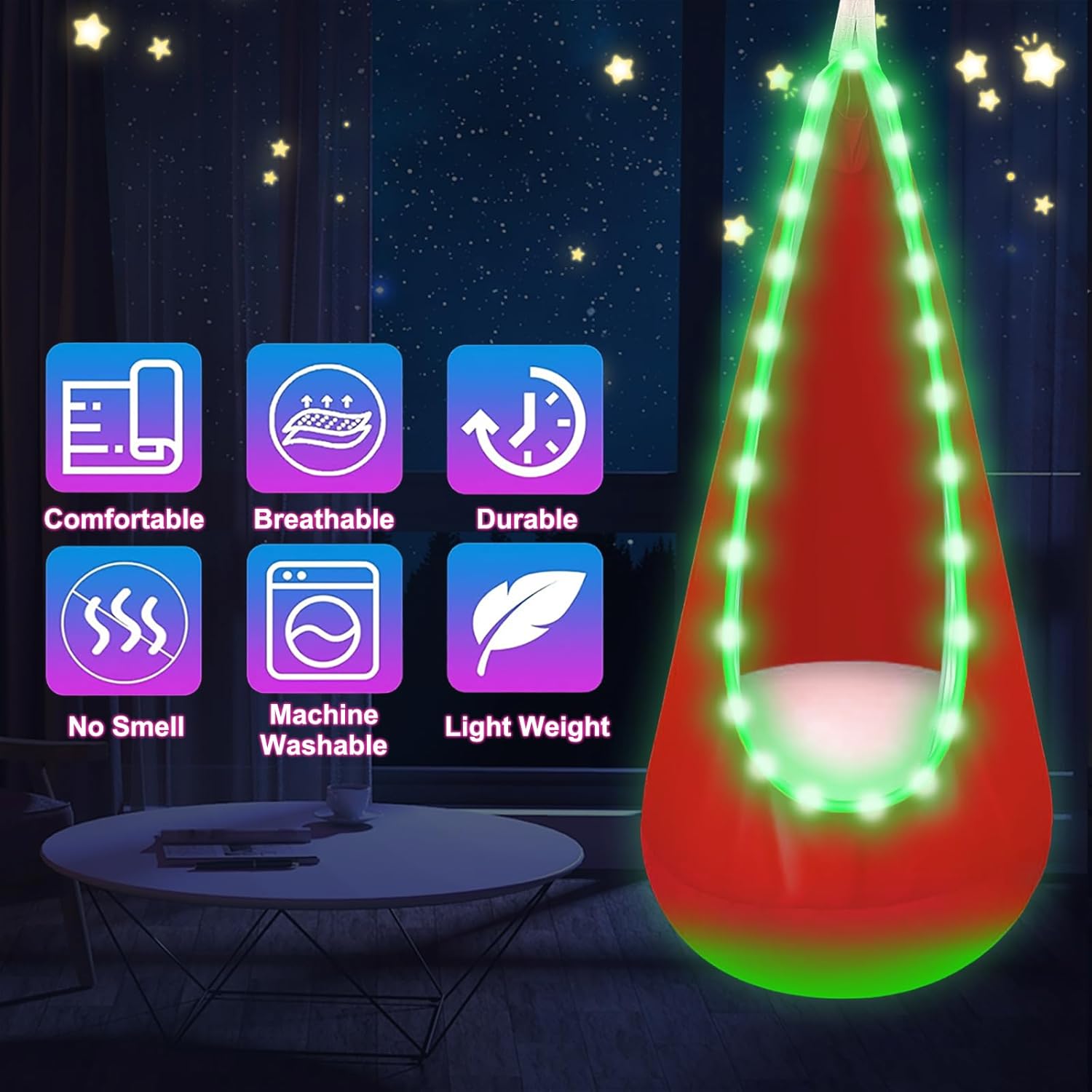 Light Up Swing Chair Hammock Chair Indoor Outdoor for Kids Pod with LED Lights, Soft and Safe, 176 lb. Load Capacity, Easy Installation, Perfect for Bedroom, Garden, and Playroom (Red)
