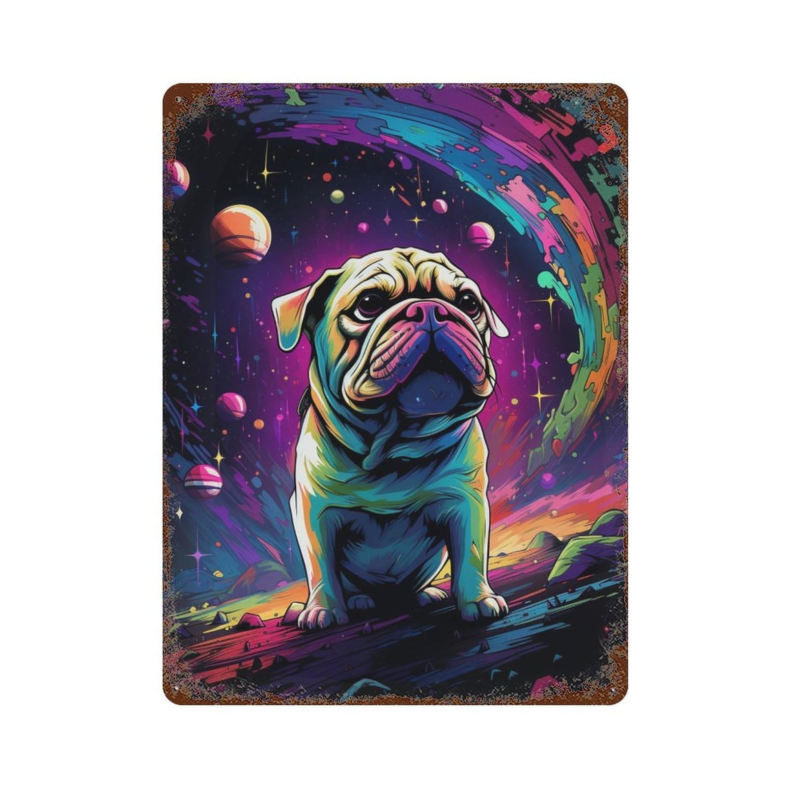 Rust Effect Space Pug Adventure -1 Retro Metal Sign 15.7"x11.8", Novelty Wall Decor for Bistro, Counter And Cafe Decor