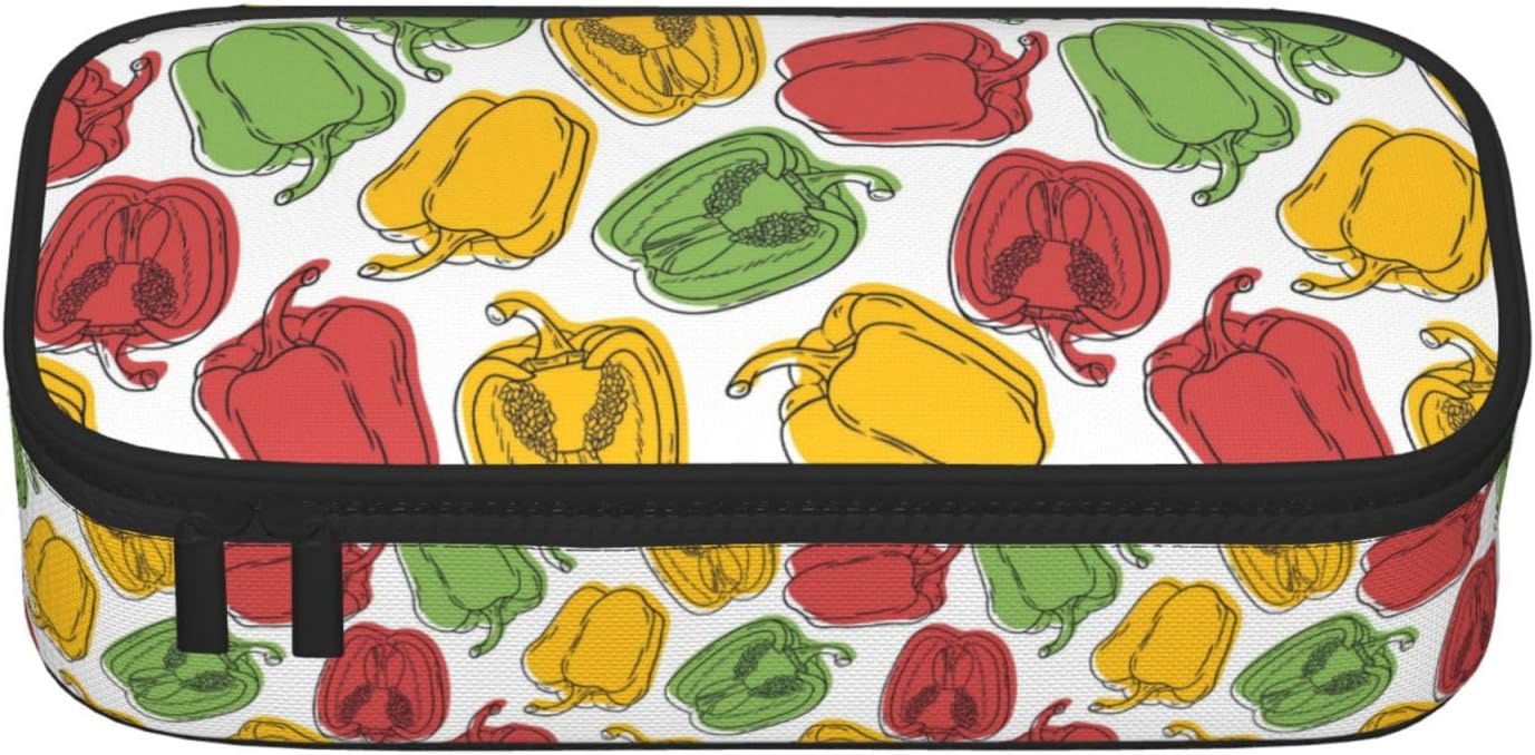 Colorful Bell Pepper Large Storage Organizer Stationery Case Multi- Slot Makeup Bag Double Zippers Pouch Desk Accessories with Compartment for Tool Office Travel