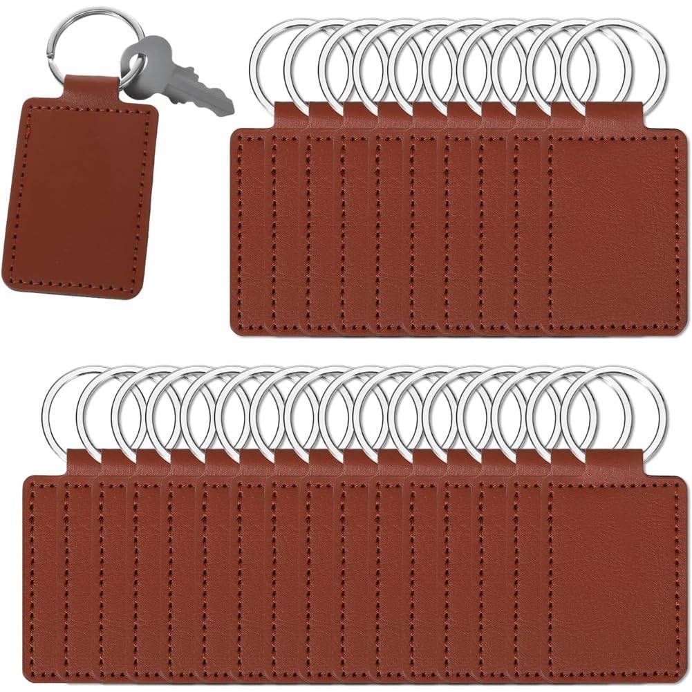 Hndhbfgrt PU Blanks Keychain Engraving Kit 50pcs Leather Key Fob with Rivets Rectangular Key Ring Car Keychain