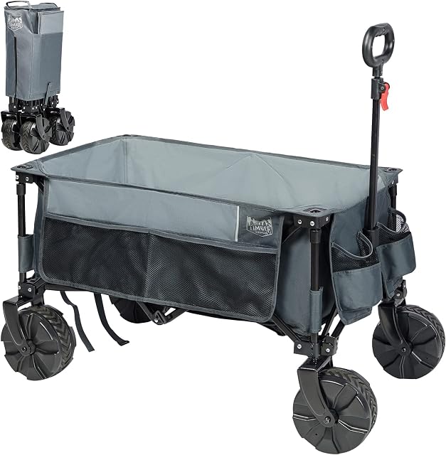 Timber Ridge Collapsible Folding Festival Wagon, Pull Along Trolley on Wheels with Adjustable Handle Cover Bag Drink Holders, Camping Outdoor Garden Picnic Shopping Beach, Grey