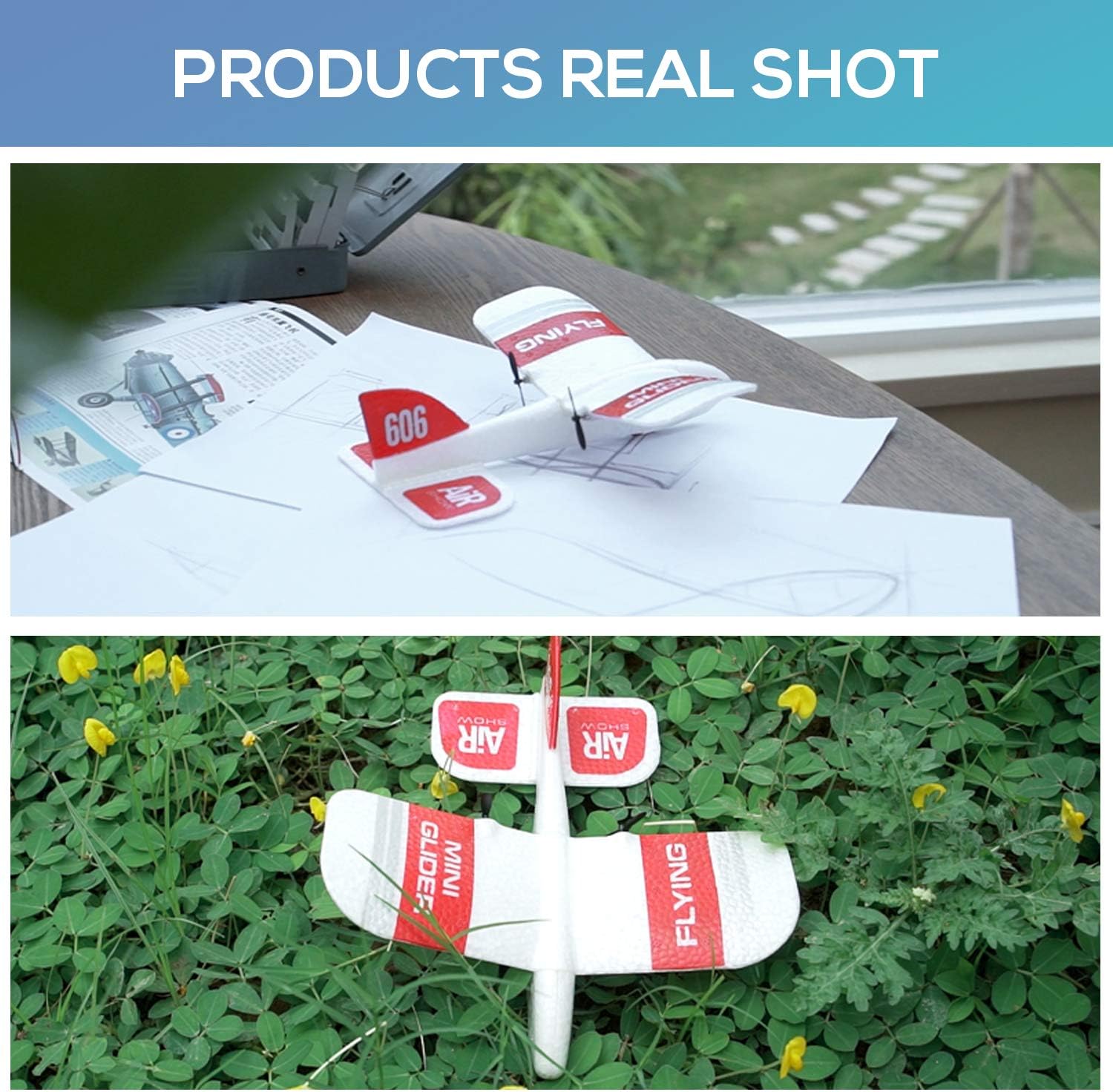 GoolRC KF606 RC Plane components including fuselage, wings, and tail