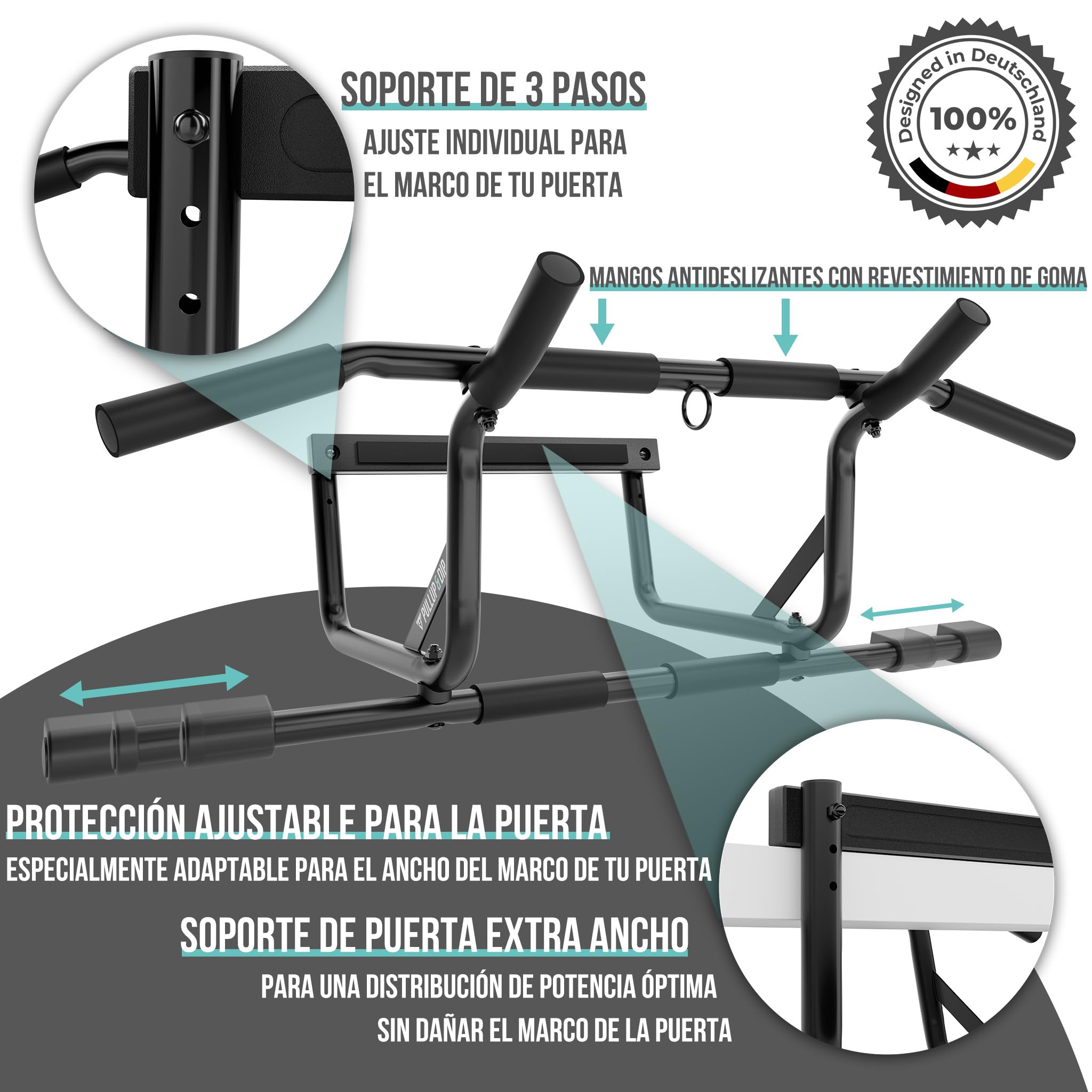 PULLUP & DIP Barra de dominadas para marcos de puerta sin taladrar, incluye estación de fondos – marco de puerta con barra de fondos – extensión de barra de fondos para casa