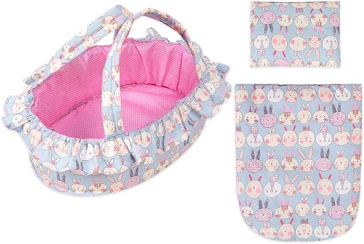 Rakki Dolli Doll Carry Cot Set, Soft 3PC Set Includes Cot, Mattress and Pillow, Blue Rabbit Doll Bassinet, Fits for 10-12 Inch American Girl Dolls