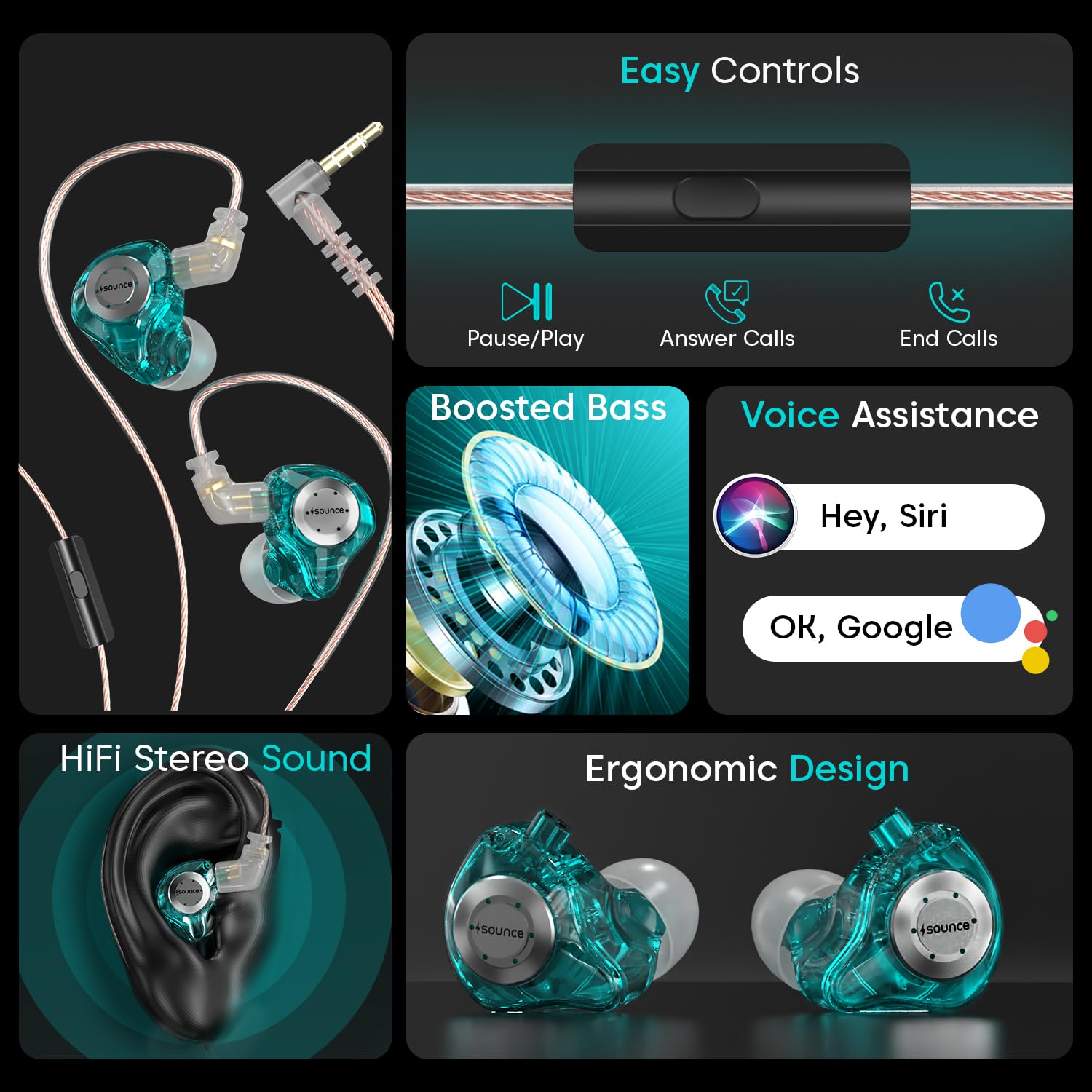 Sounce EDX Pro IEM Earphones HiFi Stereo Detachable Cable, Cyan — Amazon image 2