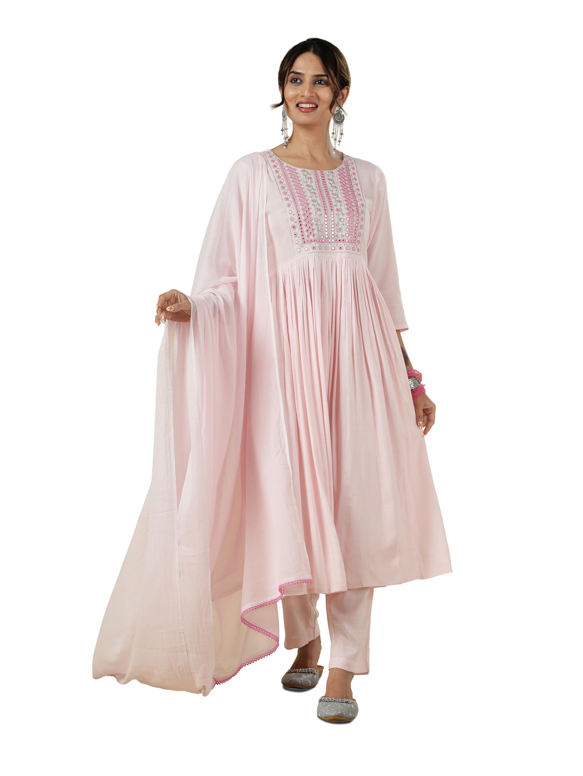 kaari Women's Mirrorwork Kurta Set for Women | Fit & Flare | Tone on Tone Threadwork | Three Piece Kurta Set with Dupatta | 3/4 Sleeve-picture-52