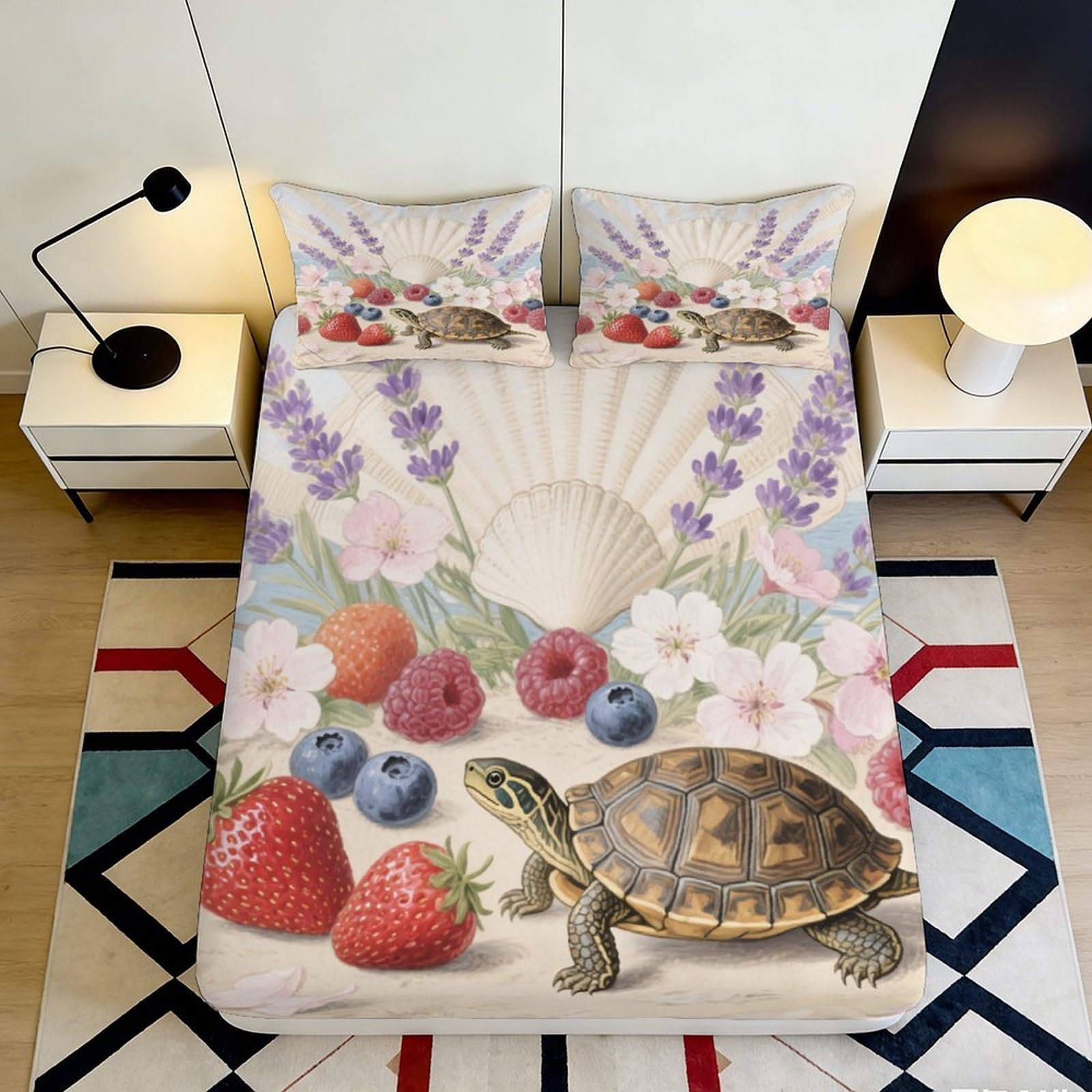 3D Printed Turtle Strawberry Fitted Sheet Microfiber Non-Slip Bed Cover, Machine Washable, Bedroom Dorm Decor 90x200x25cm