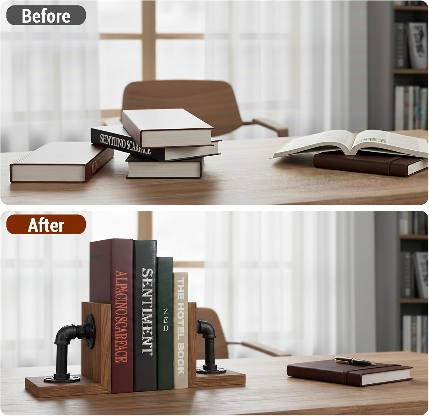 MyGift Book Ends, Decorative Bookends, Heavy Duty Book Holders for Shelves, Rustic Wood with Realistic Industrial Pipe Design,Unique Ideas for Father's Day, Christmas Rustic Brown