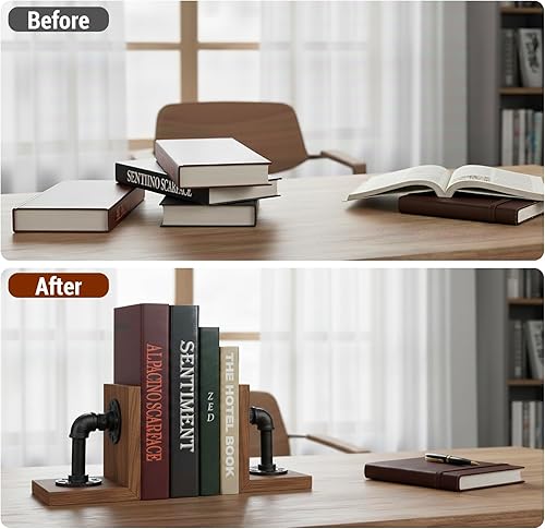Miniatura 2 de Sujetalibros decorativos, sujetalibros decorativos para estantes, sujetalibros decorativos de madera rústica, con diseño de tubo industrial