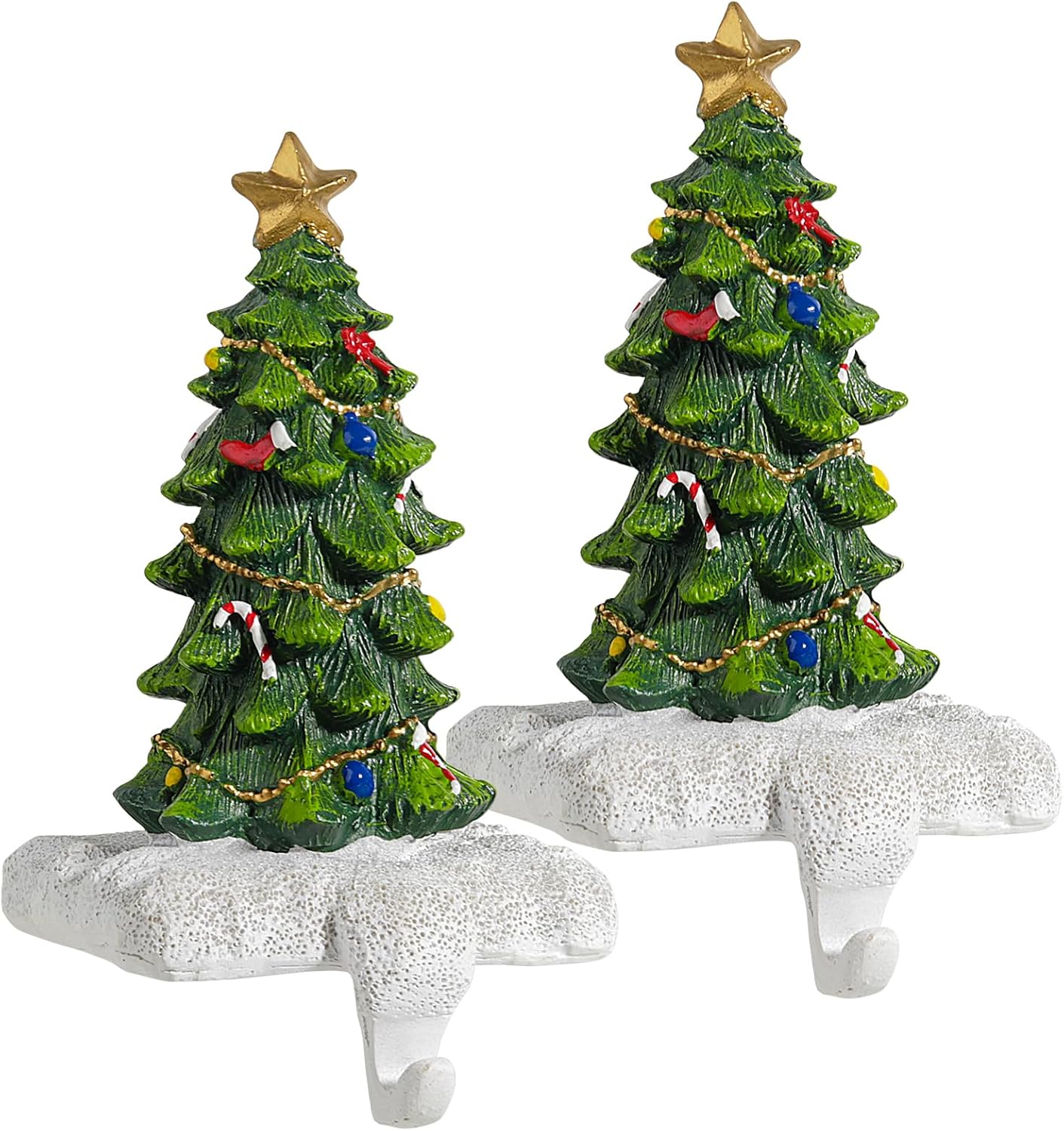 Christmas Tree Stocking Holder for Mantel Set of 2 Resin Stocking Hanger with Sturdy Base Exquisite Details Perfect Fireplace Decor and Christmas Gifts