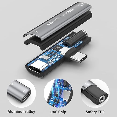 Miniatura 8 de Adaptador y cargador de auriculares de audio USB C a 0.138 in, conector de auriculares USB C 2 en 1 HiFi DAC con adaptador de carga rápida de 27 W