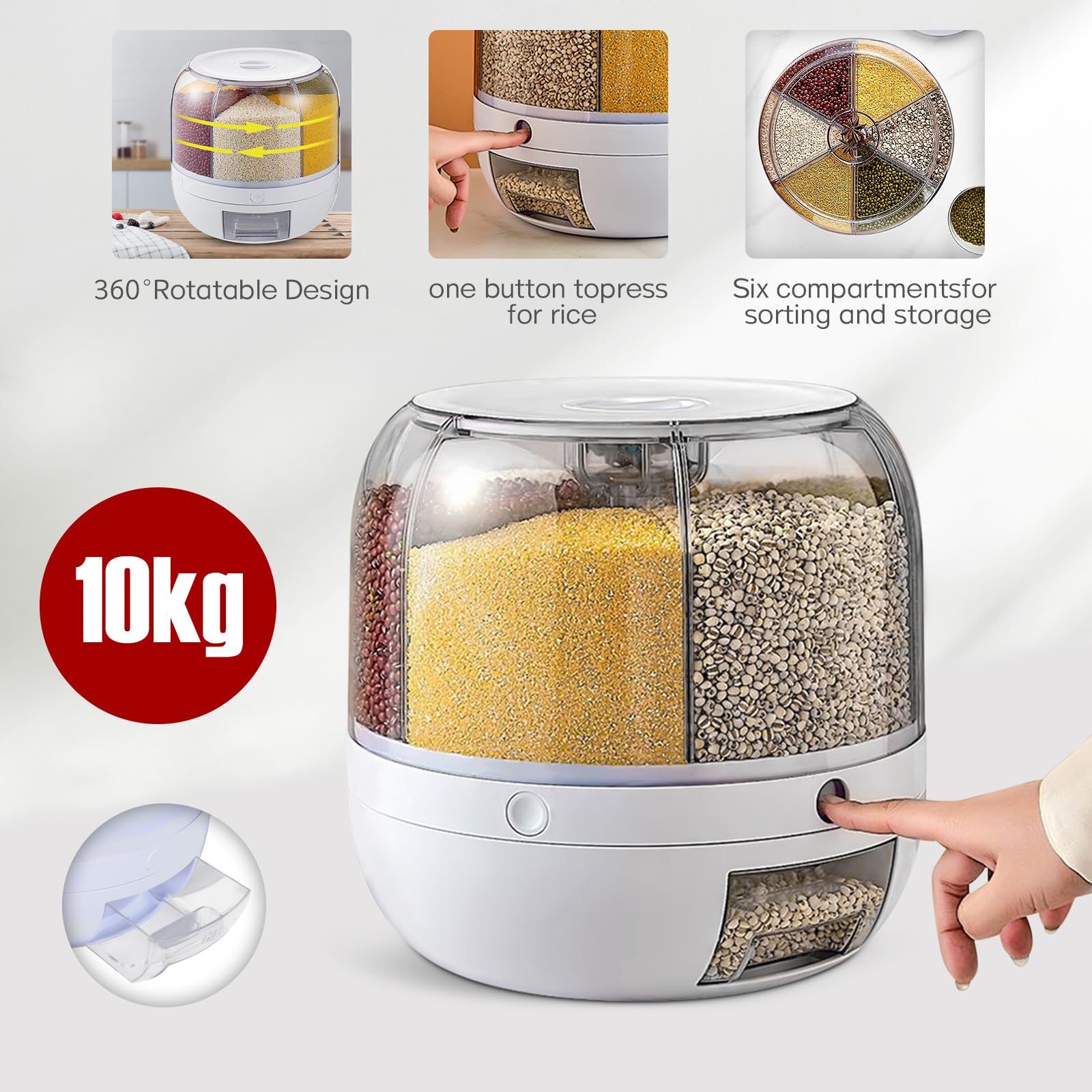 Pxolerig Rotating Grain Dry Food Dispenser, 6 Grids Cereal Tank Dispenser and Dispenser Round Food Rotating Dispenser for Store Rice, Red Beans, Yellow Beans, mediu