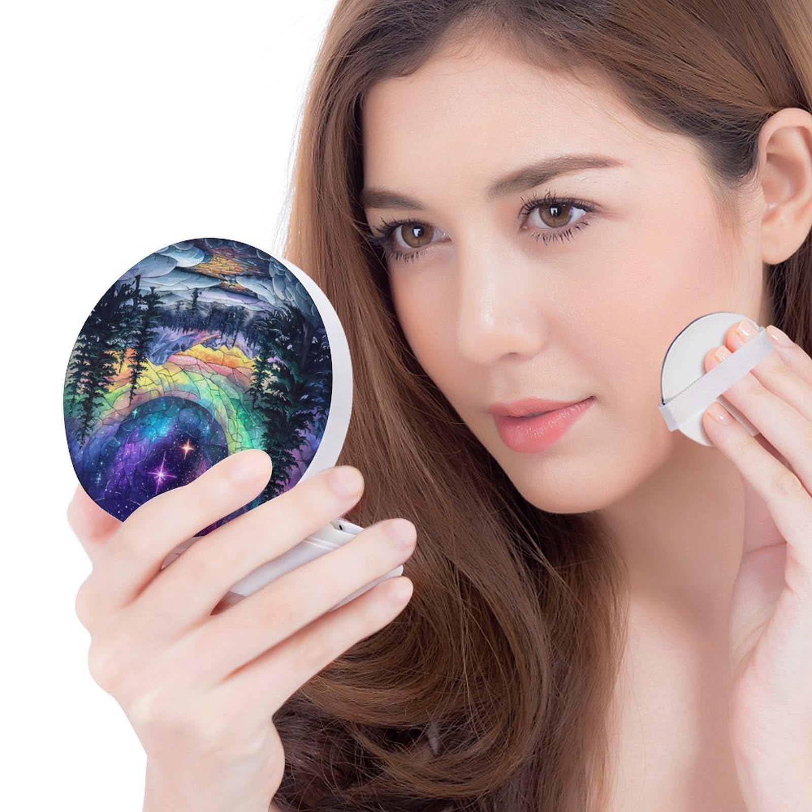 Hayyett Northen Night Stained Glass Air Cushion Puff Box Portable Cosmetic Makeup Case Container,Loose Powder Foundation Container