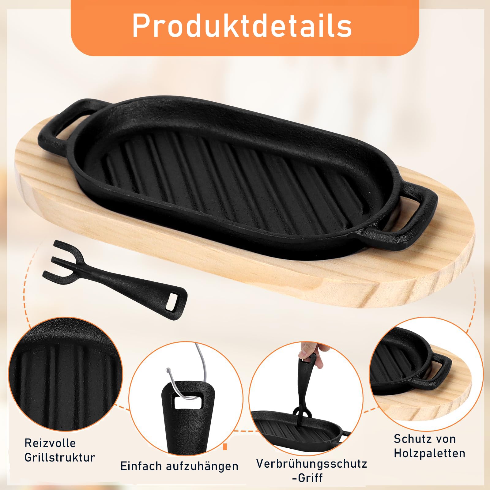 4er Set Gusseisen Fajita Pfannen, 22 x 11 cm Kleine Sizzler Steakplatten mit Holzunterlage & abnehmbaren Griff, Mini Gusseisenpfanne Servierpfanne für Küche, Restaurant, BBQ & Party