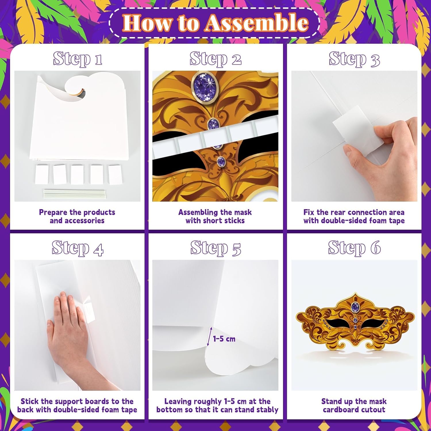 4.1 x 2 ft Masquerade Mask Cardboard Cutout for Mardi Gras, Large Life-Size Gold Carnival Mask Stand Up Photo Prop Backdrop Decorations for Fat Tuesday New Orleans Theme Party Favor