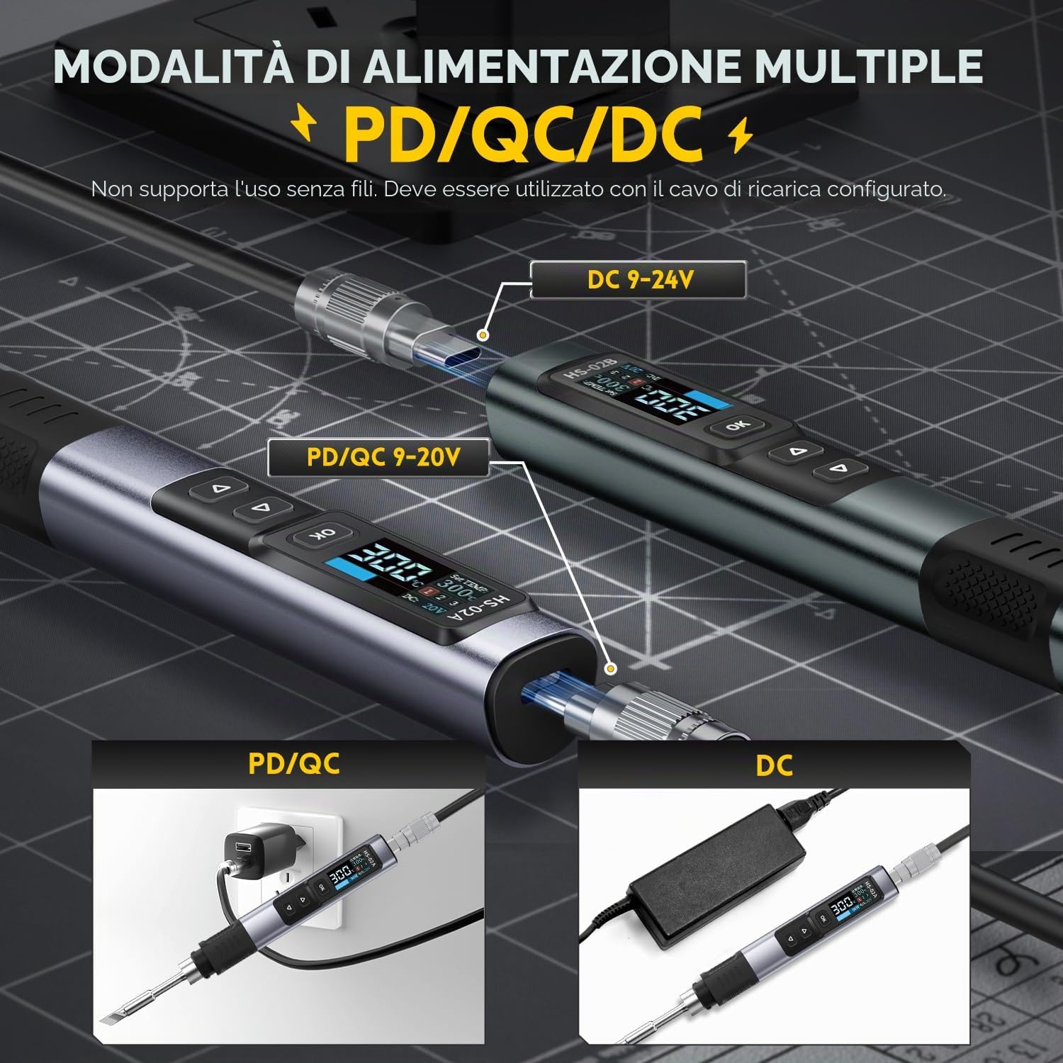 FNIRSI HS-02B - Kit di saldatura portatile con cavo, 100 W, riscaldamento in 2 secondi, 100-450 °C, 3 gruppi di temperature pre-impostate, 3 punte di saldatura 210, penna digitale per saldatura