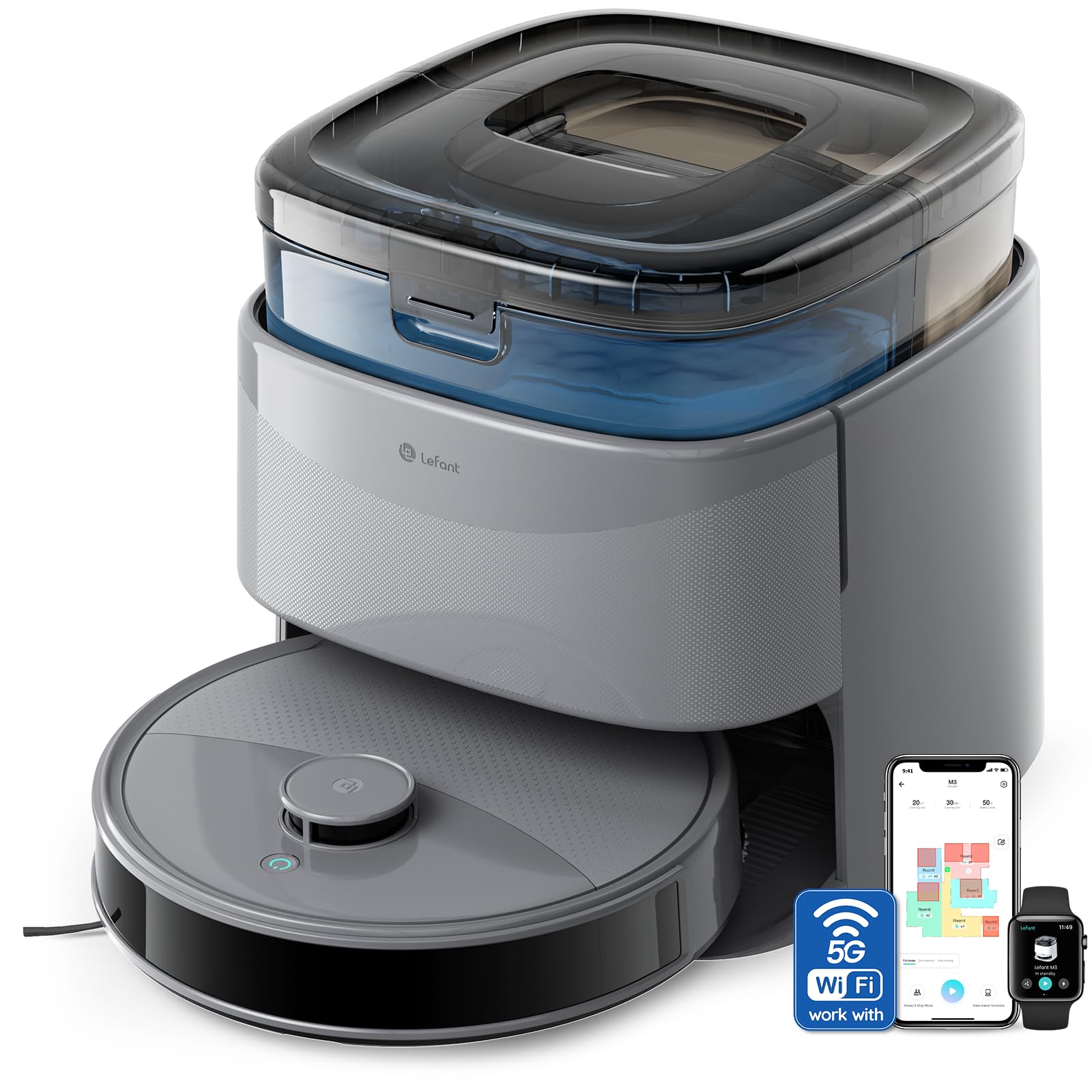 LEFANT M3 MAX Robot Aspirador y Fregasuelos con Base de Autovaciado, Todo-en-Uno 20 000 Pa, Autonomía 210 mins, Auto-Vaciado 3,2L, Auto-Lavado/Secado Mopa, Mopas Elevables, WiFi/Alexa/i Watch/App