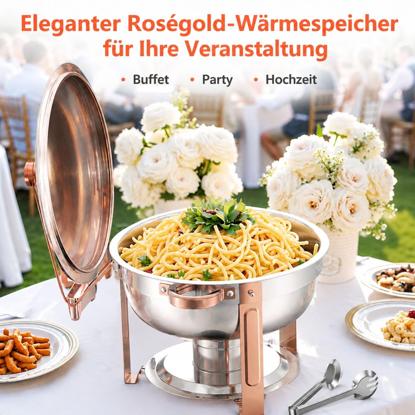 Chafing Dish Set aus Edelstahl, 4 Stück 4,7 L in Roségold mit Deckel für Buffet und Catering