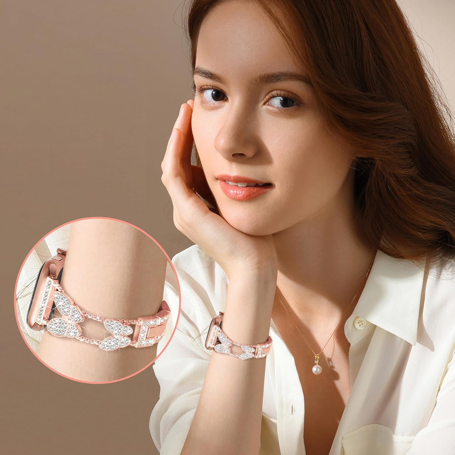 Butterfly Band Compatible with Apple Watch Bands 40mm 41mm 42mm(S11/10) 38mm iWatch SE Series 11 10 9 8 7 6 5 4 3 Band, Slim Cute Metal Bands for Women, Bling Dressy Diamond Strap-Rose Gold - Image 5